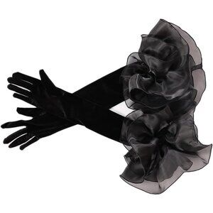 Women's Black-5 Velvet Satin Mesh Ruffled Puff Long Gloves Banquet Party Tea